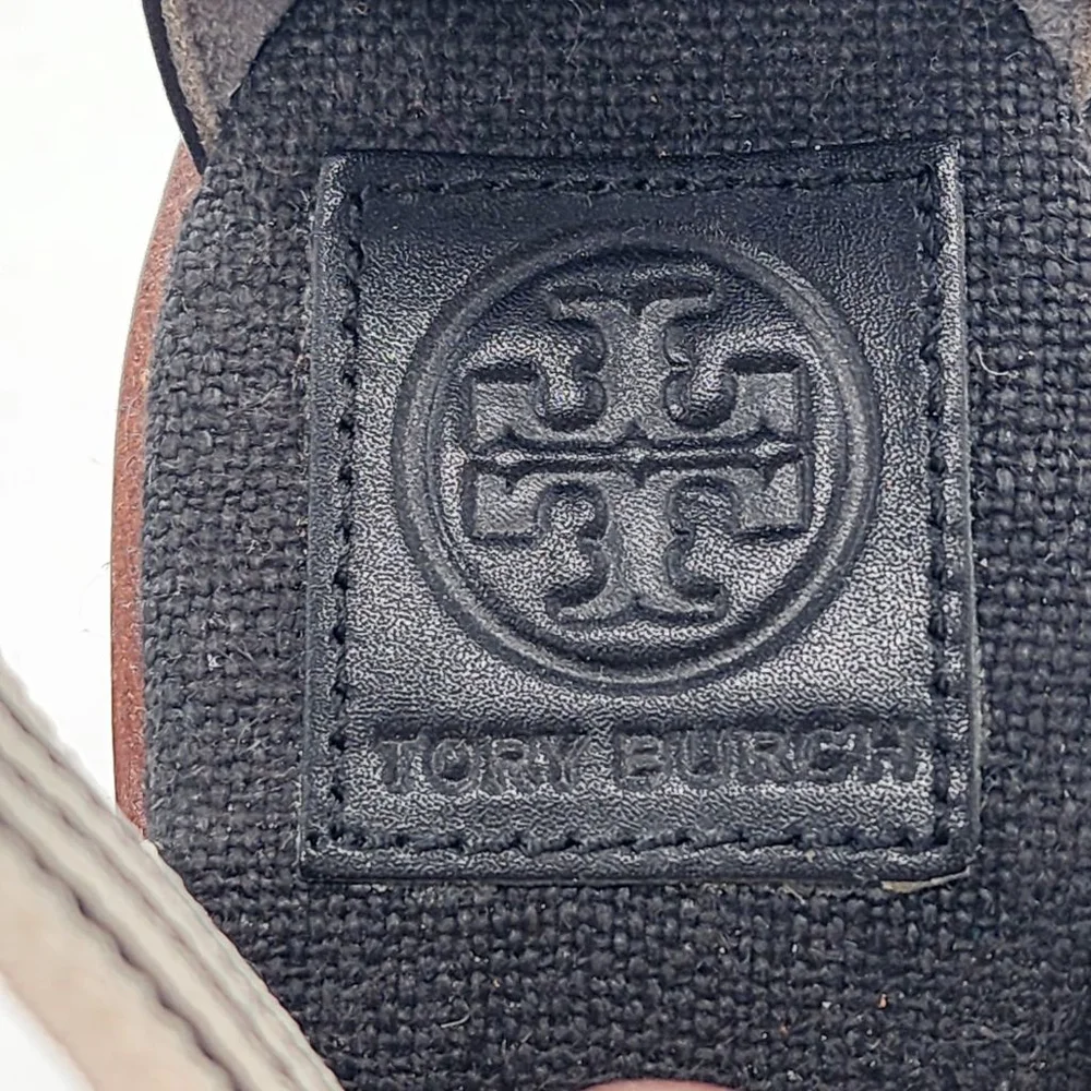 TORY‎ BURCH Frieda Navy Cream Elastic Strap Striped Espadrille Wedge Sandals 9.5